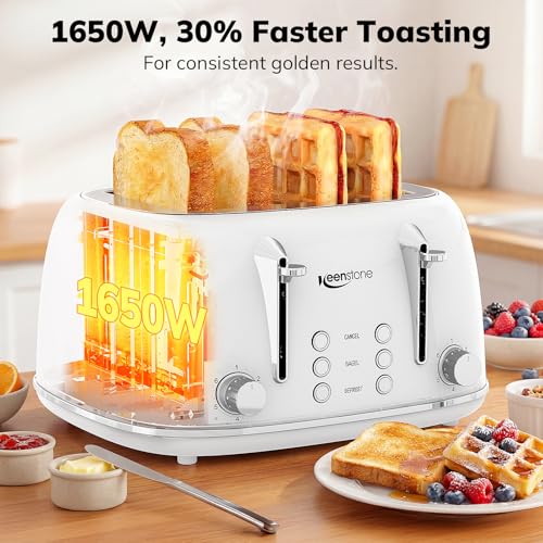 Keenstone 4-Slice Retro Stainless Steel Toaster White - Dual Controls & Wide Slots