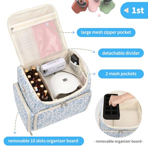 CUBETASTIC Extra Large Nail Polish Organizer Case Holds 86 to 100+ Bottles Nail Polish & Nail Lamp, Nail Supplies Storage Carrying Bag with 2 Removable Pouches (Blue Floral, 86 Slots)