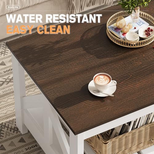 YESHOMY Farmhouse Coffee Table with Storage - Brown & White Rectangular