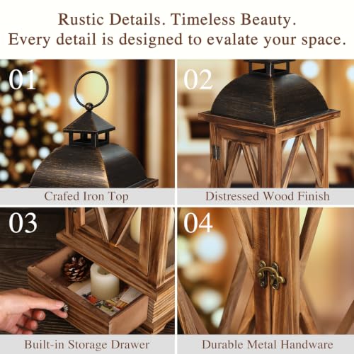 Decorative Wooden Lanterns Set of 2 - Rustic Farmhouse Indoor Outdoor Candle Holders
