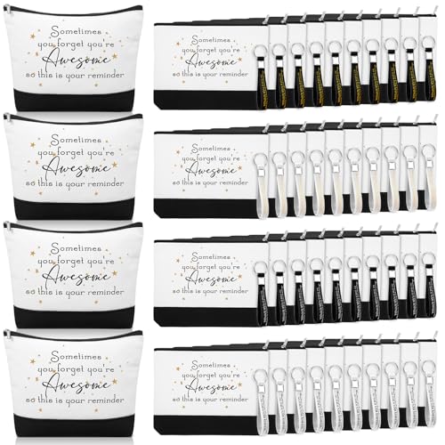 Sanwuta 80 Pcs Employee Appreciation Gifts Canvas Cosmetic Bag Bulk Inspirational Makeup Bags with Thank You Keychains for Women Social Worker Coworker Volunteer Nurse Teacher (Awesome Sign)