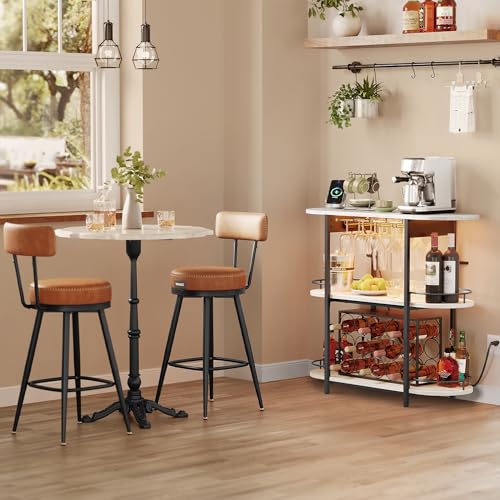 Rustic White LED Coffee Bar Cabinet with Power Outlets and Removable Wine Rack - 14.2 x 39.4 x 36 inches