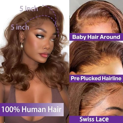 Brown Color 16-inch Human Hair Bob Wig - Glueless, Pre-Styled, Realistic Lace Closure