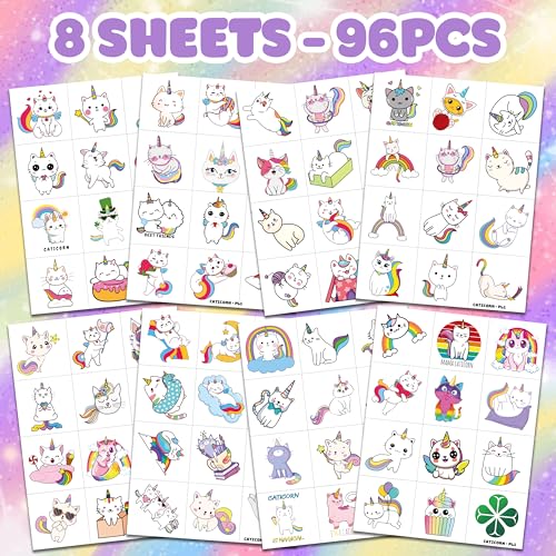 96 PCS Caticorn Cat Pre-Cut Temporary Tattoos Themed Birthday Party Supplies Decorations Favors Decor Funny Cute Cartoon Rainbow Meowgical Tattoo Stickers Gifts For Boys Girls Classroom