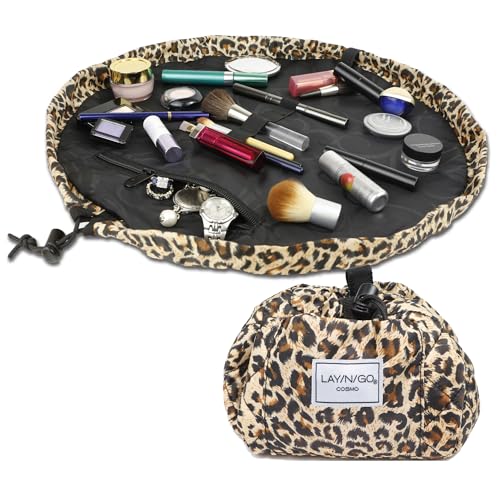 Lay-n-Go Cosmo Layflat Drawstring Cosmetic & Makeup Bag Organizer w/Zipper Pocket, Brush Loops & More, Cinch to Close, Lay Flat to Use, Durable, Machine Wash, Travel Toiletry Bag (22", Leopard)