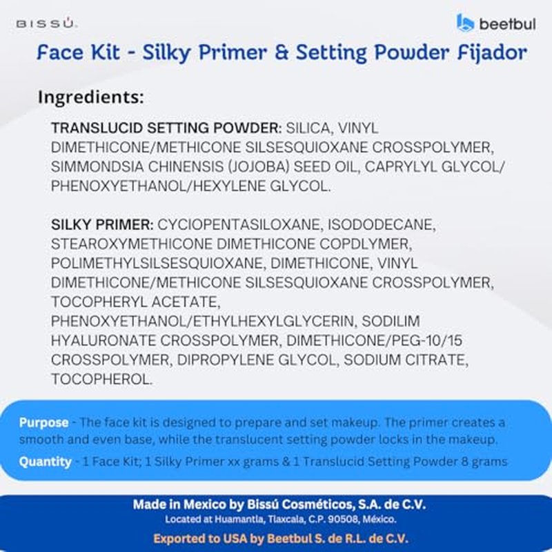 Beetbul Face Kit: Biss? Silky Primer (27.5 ml) & Setting Powder (8g) + Velvet Puff + 2 Finger Puffs + Makeup Sponge + Exfoliating Sponge