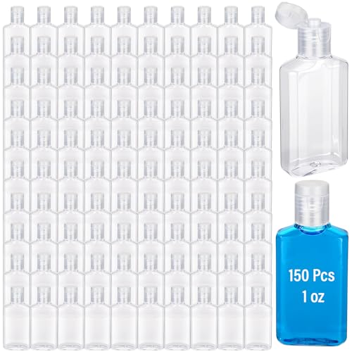 LemonRoad 150 Pcs 1 oz Plastic Empty Travel Bottles with Flip Cap 30ml Mini Clear Hand Sanitizer Bottle Refillable Containers for Shampoo Lotion Liquid Body Soap Cream Toiletries(Clear Lid)