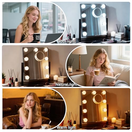 Vanity Mirror with Lights, Lighted Vanity Mirror with 9 Dimmable Bulbs for Dressing Room & Bedroom, 3 Color Lighting Modes, Detachable 10x Magnification 360¡ÆRatation (Black)