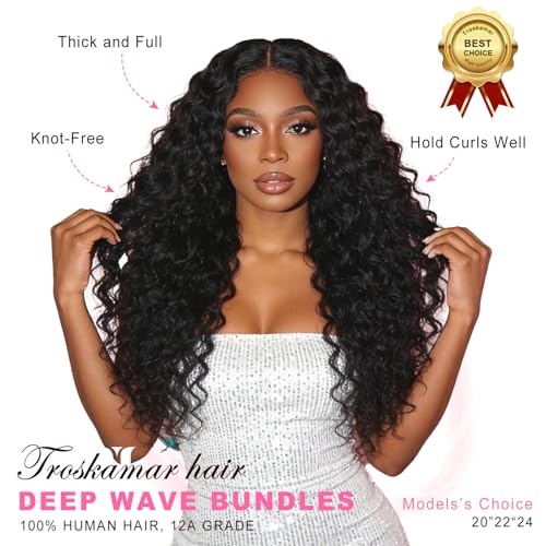Deep Wave Human Hair Bundles - 16 Inch Natural Black, 12A Virgin Indian Wavy Weave