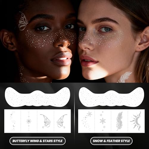 30PCS Glitter Freckles Face Tattoos & Face Gems Set, Classic Silver Glitter Temporary Tattoos for Valentine's Day Makeup, Fake Freckles Face Glitter for Women¡¯s Rave Outfits & Accessories