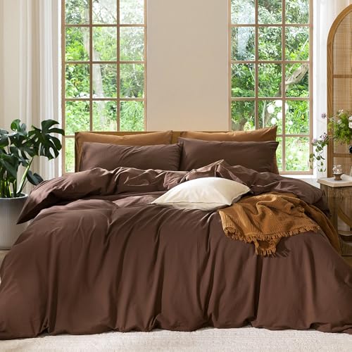 MooMee Queen Duvet Cover Set 100% Washed Cotton Linen Look Cocoa Brown No Comforter