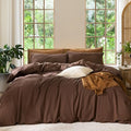 MooMee Queen Duvet Cover Set 100% Washed Cotton Linen Look Cocoa Brown No Comforter