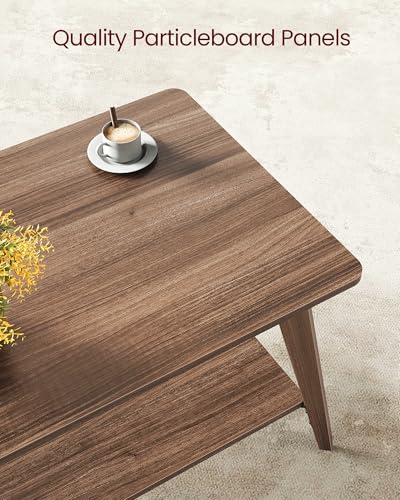 VASAGLE 2-Tier Coffee Table with Storage - Tapered Legs, Chestnut Brown