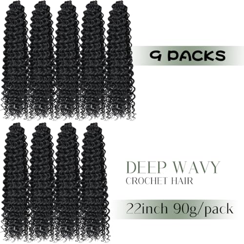 FEILIMEI 22 Inch Ocean Wave Crochet Hair - Synthetic Curly Braiding Hair, Pack of 9, #1B