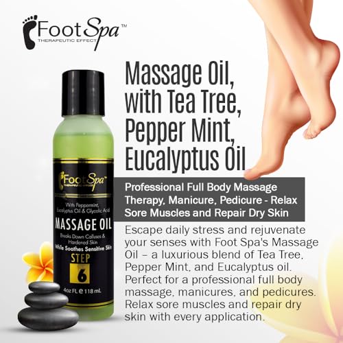 Foot SPA - Massage Oil, with Tea Tree, Pepper Mint, Eucalyptus Oil, 4 Oz - Professional Full Body Massage Therapy, Manicure, Pedicure - Relax Sore Muscles and Repair Dry Skin