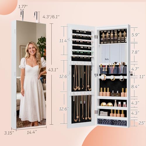 White Lockable Jewelry Cabinet with LED Lights Wall Mount Mirror