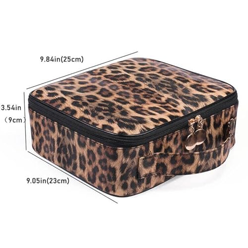 Uongeod Travel Makeup Bag Leopard Print PU Leather Cosmetic Makeup Bag Organizer case with Adjustable Dividers for Women