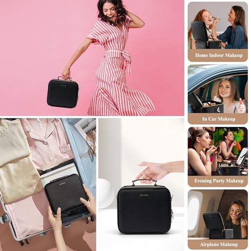 SJD Travel Makeup Bag with LED Mirror, Portable Cosmetic Case Organizer with Lighted Mirror, Waterproof Makeup Case for Cosmetic Brush Holder Storage, Black Toiletry Bag for Women Gift