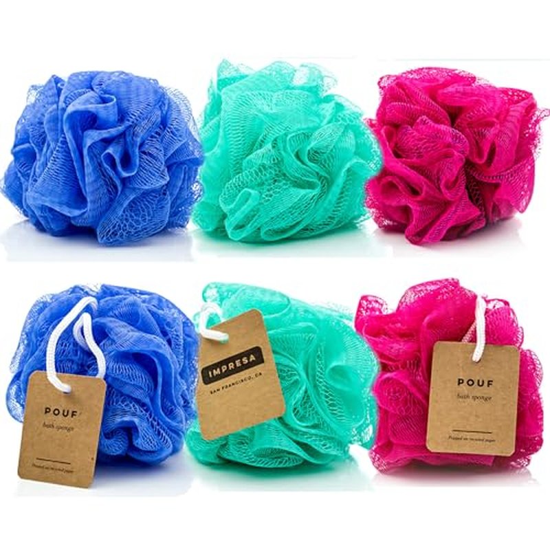 IMPRESA Mesh Bath & Shower Loofah Sponges - 5-Inch - Pack of 6 Gentle Exfoliating Body Scrubber & Bath Pouf - Home & Travel Loofah Pack - Durable Quick-Dry Shower Sponge