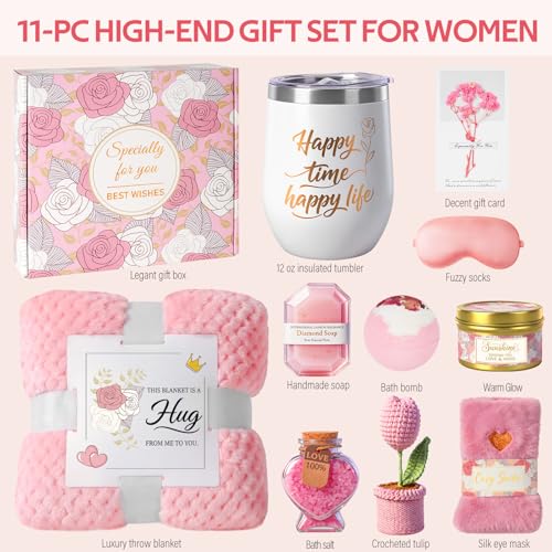 Self Care Spa Gift Set for Women - Cozy Blanket, Eye Mask, Fuzzy Socks & Tumbler