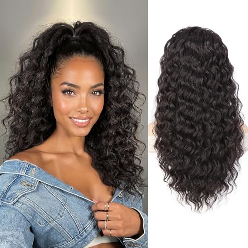 AISI BEAUTY 22 Inch Curly Ponytail Extension Brown Black Drawstring Hair Piece for Women