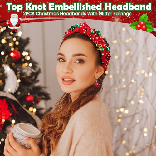 Hoteam Christmas Headbands & Earrings Set for Women - Pink & Green Holiday Accessories