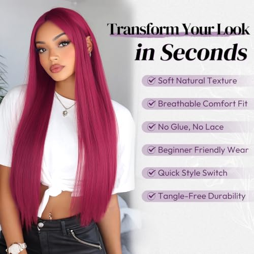 28 Inch Hot Neon Pink Synthetic Wig for Women - Long Straight Costume & Party Hair, Breathable Cap