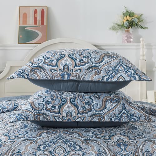 Cotton King Size Reversible Quilt Set with Pillow Shams - Blue Tan Paisley, All Season Bedspread