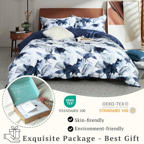 Navy Blue Queen Duvet Cover Set 3 Pieces Floral Spring Pattern Zipper & Ties