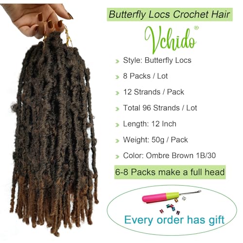 Butterfly Locs Crochet Hair 12 Inch Ombre Brown - 8 Packs, Pre Twisted