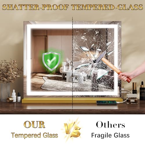 Gold Vanity Mirror with Lights 23x18 Inch Full View Dimmable LED Beauty Mirror - Detachable Magnifier
