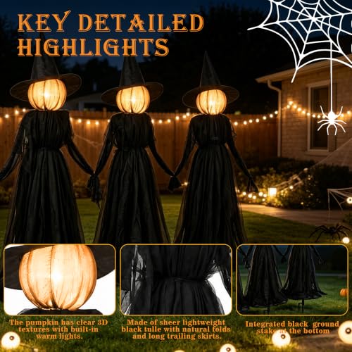 5 Ft Halloween Witches Decor Set of 3 with Lighted Faces, Outdoor Stakes & Timer