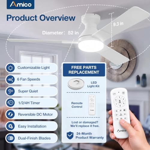 Modern White 52 Inch Low Profile Ceiling Fan with Lights & Remote - Indoor Outdoor