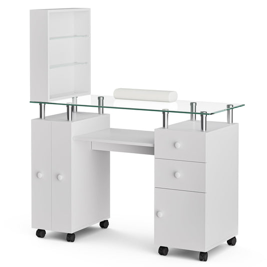 Belandi Manicure Table Nail Desk for Nail Tech, Glass Top Nail Table Station Acetone Resistant w/Storage Drawers & Open Shelves, Nail Beauty Workstation w/Wrist Cushion, Lockable Wheels(White)