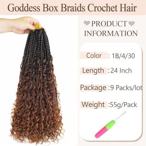 24 Inch Goddess Boho Box Braids Crochet Hair - 9 Packs, Pre-Looped, Curly Ends