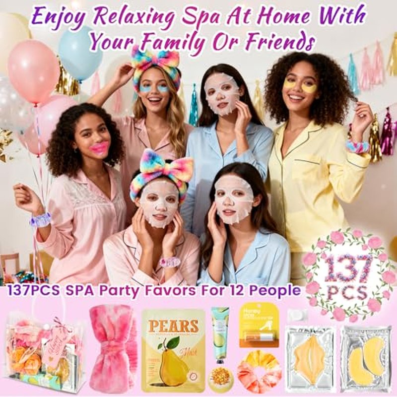 137 PCS Spa Party Supplies For Girls, Include Face Mask, Bath Bombs, Hand Cream, Eye Mask, Lip Mask, Lipstick, Hairband, Natural & Relaxing Sleepover Spa Gift Kit For 12 People, Gentle Moisturizing