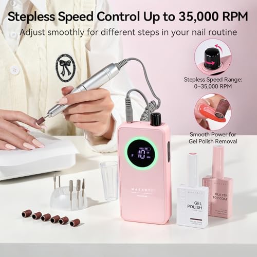 Makartt Pink Cordless Nail Drill for Beginners, Rechargeable E-File with 6 Bits