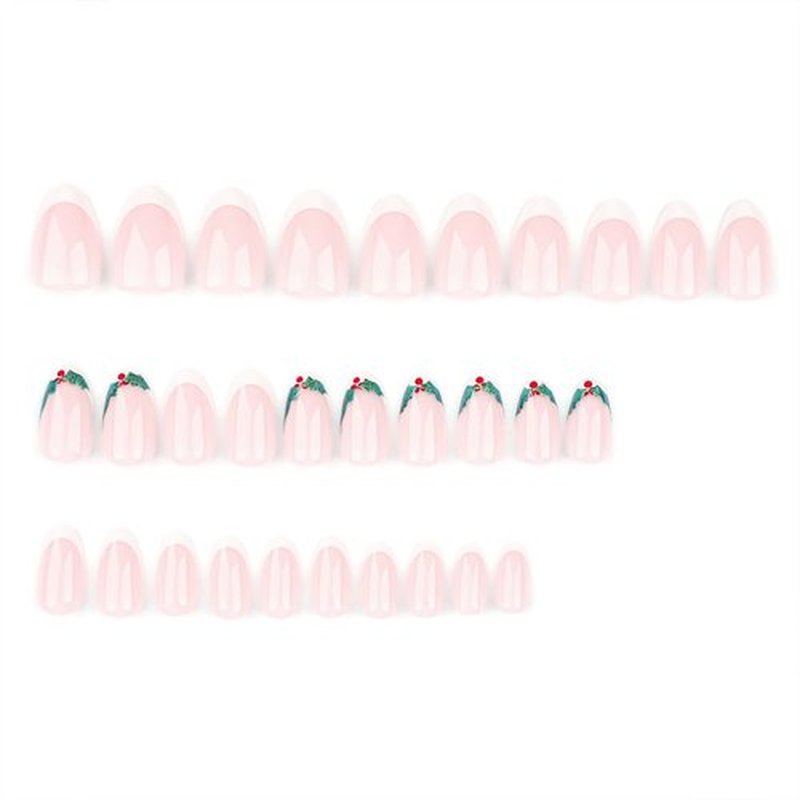 30Pcs Christmas Nails White French Tip Press on Nails Short Almond Fake Nails Christmas Fruit False Nails with Glue Winter Glossy Acrylic Nails Natural Full Cover Stick on Nails DIY Art for Women