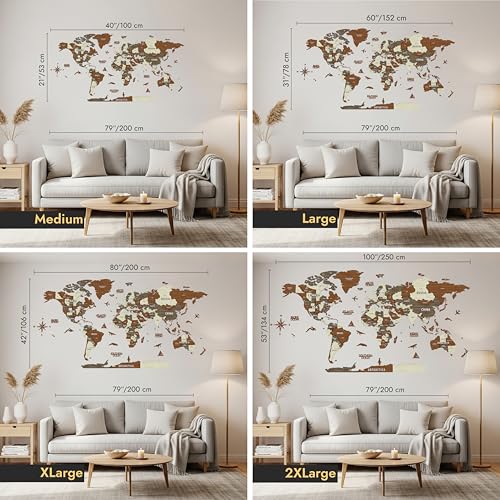 Multilayer 3D Wooden World Map Wall Decor - Travel & Office Gift, Mixed, 39.4 x 21.3 inches