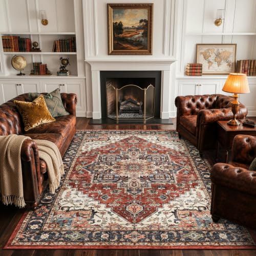 6x9 Washable Living Room Rug - Vintage Oriental Medallion - Terra Red