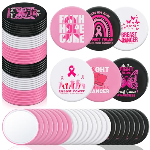 Soaoo 60Pcs Breast Cancer Awareness Pocket Mirrors Pink Ribbon – Compact 2.68in