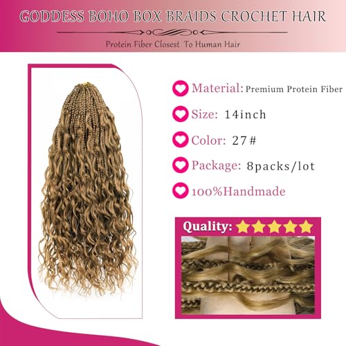 14-Inch 27# Goddess Box Braids Hair Extensions - Natural Protein Fiber, Soft Curl, Lightweight, Durable, 8-Pack