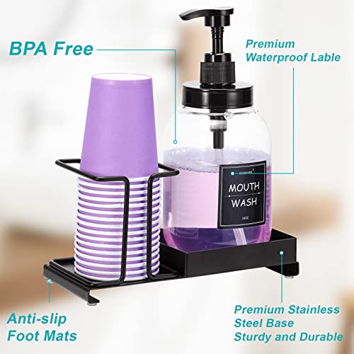Mouthwash Dispenser for Bathroom,Mouth Wash Pump Bottle with Stainless Steel Cup Holder,24 OZ Refillable Clear Mouthwash Container(2Pack)