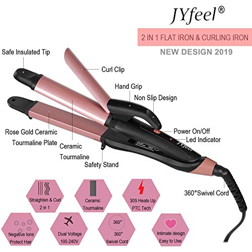 2-in-1 Travel Hair Curling Flat Iron - Dual Voltage Rose Gold