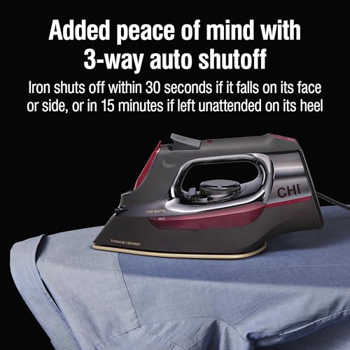 CHI Steam Iron for Clothes with Titanium-Infused Ceramic Soleplate, 1700W, Retractable Cord, Black & Chrome