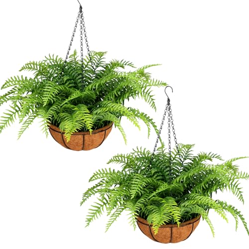 Green 2 Pack Fake Hanging Ferns with Baskets - UV Resistant Outdoor Plants, No Assembly, Realistic Decor for Porch & Garden