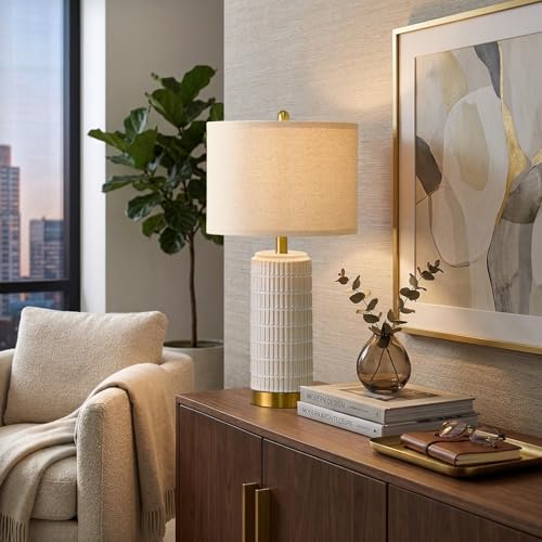 PoKat 25-Inch Modern Ceramic Table Lamps Set of 2 with Gold Bases and White Beige Gradient