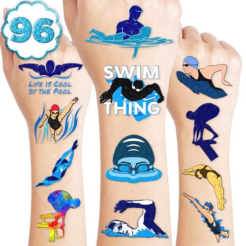 96 PCS Swimming Pre-Cut Temporary Tattoos Birthday Party Decorations Supplies Favors Swim Team Pool Waves Summer Beach Themed Decor Stickers Boys Girls Gift School Prizes Rewards