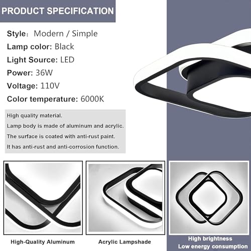Motion Sensor LED Ceiling Light 36W Black Modern Flush Mount Indoor Fixture