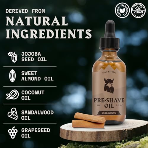 Striking Viking Pre Shave Oil - 3.3 Fl Oz Sandalwood - Safety Razor Prep & Beard Softening - Hydrating Shaving Oil for Men - Soothing Skin Care for All Skin Types